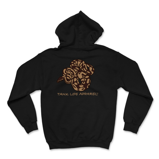 Tank Life Apparel ball python snake design on the back of a super soft and comfortable hoodie.
