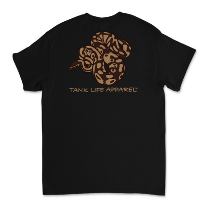 Tank Life Apparel ball python snake design on the back of a classic tee with our custom TLA sleeve label. 