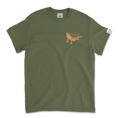 The Tank Life Apparel bearded dragon design on a classic tee with our custom TLA sleeve label 