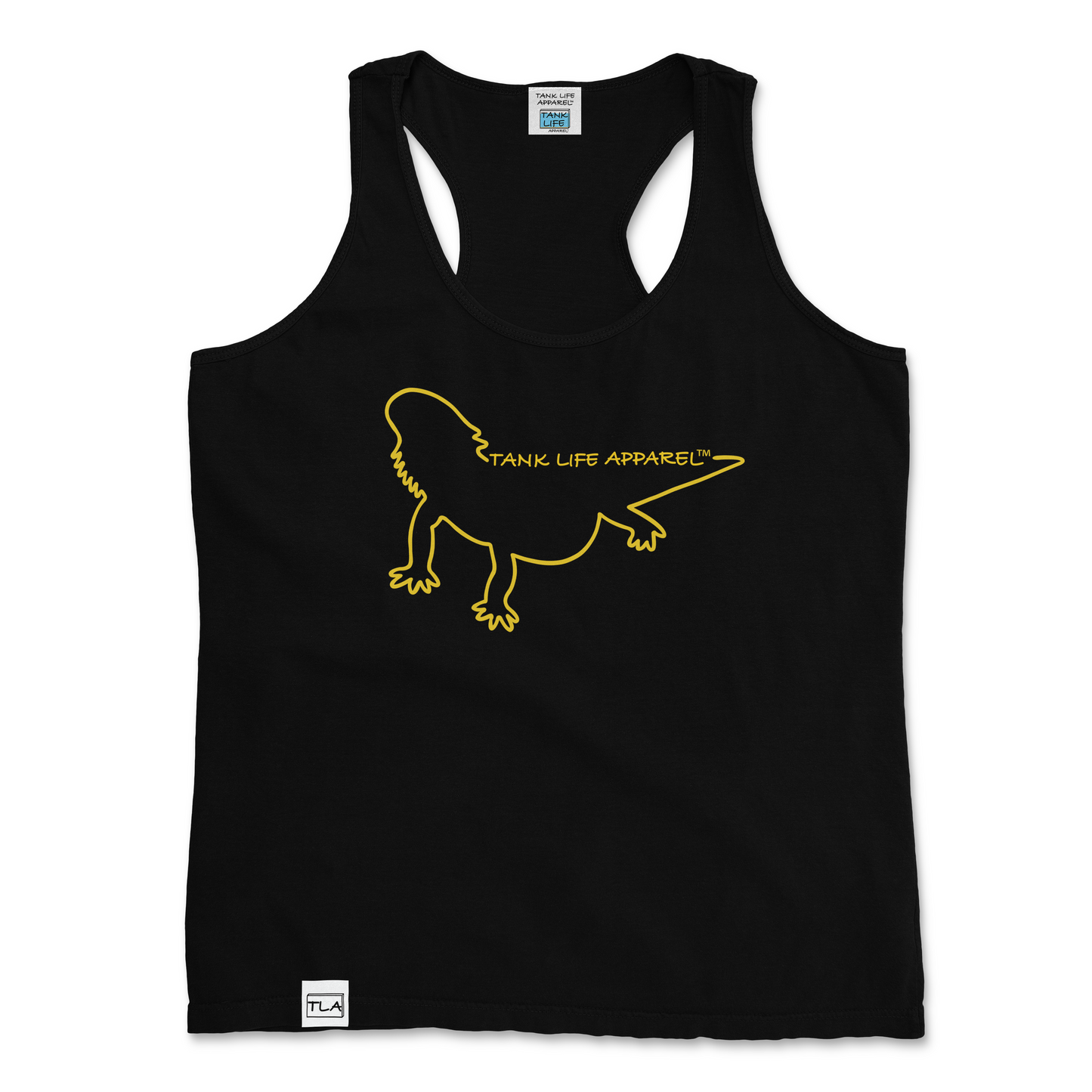 The Tank Life Apparel bearded dragon outline design on a stylish women's tank top with our custom TLA hem label. 