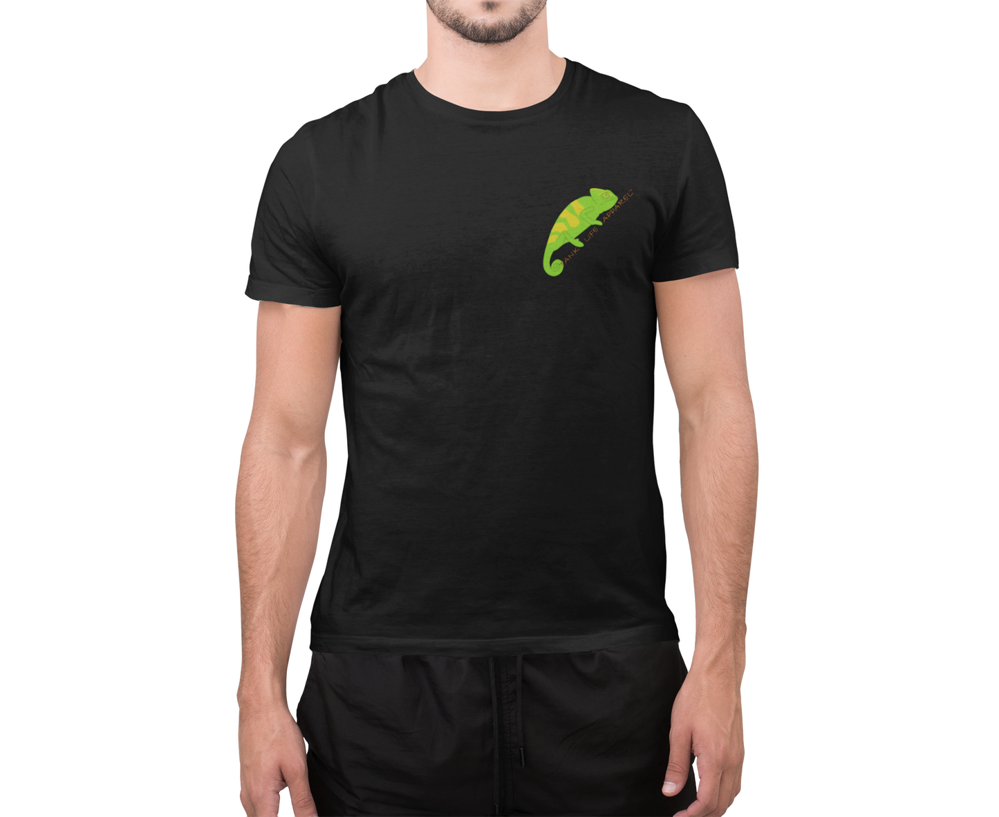 The Tank Life Apparel veiled chameleon design on a classic tee with our custom TLA sleeve label. Green Chameleon pet shirt.