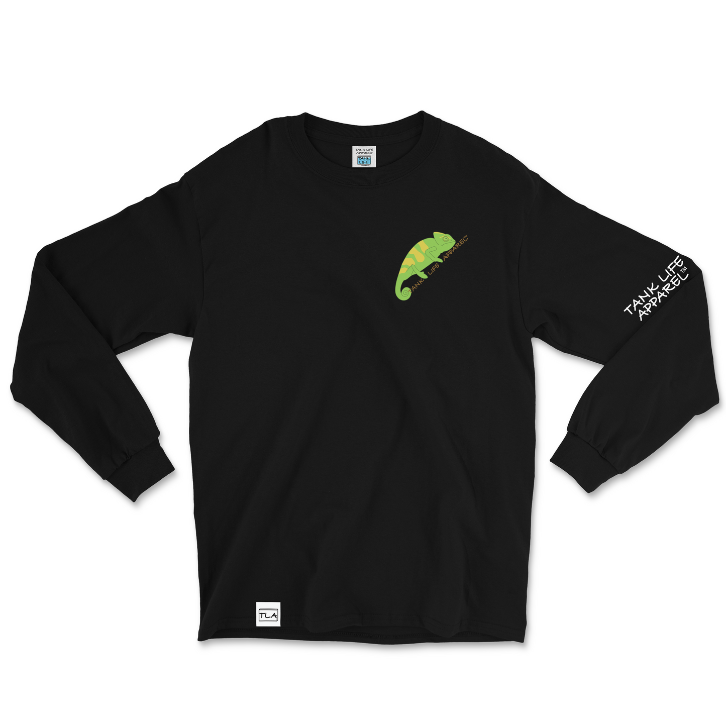 The Tank Life Apparel veiled chameleon design on a super comfortable long sleeve shirt. Green chameleon reptile shirt.