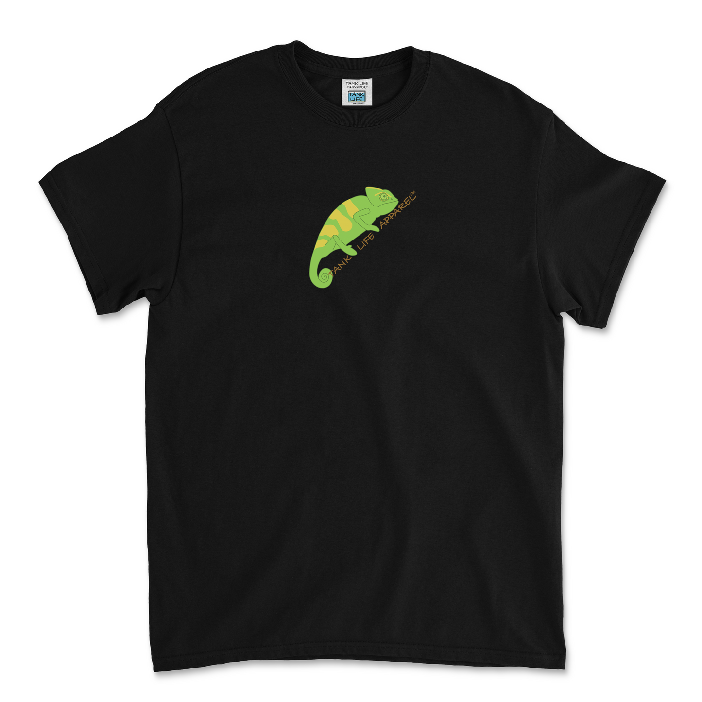 Tank Life Apparel veiled chameleon design on a youth tee. Kid's green chameleon pet shirt.