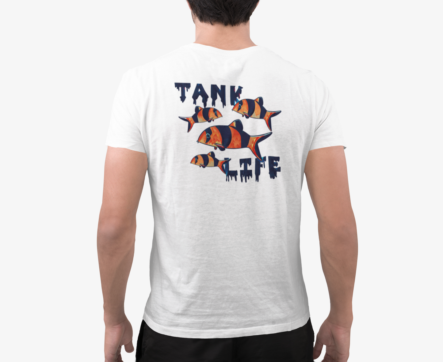 The Tank Life Apparel clown loach design on a classic tee with our custom TLA sleeve label