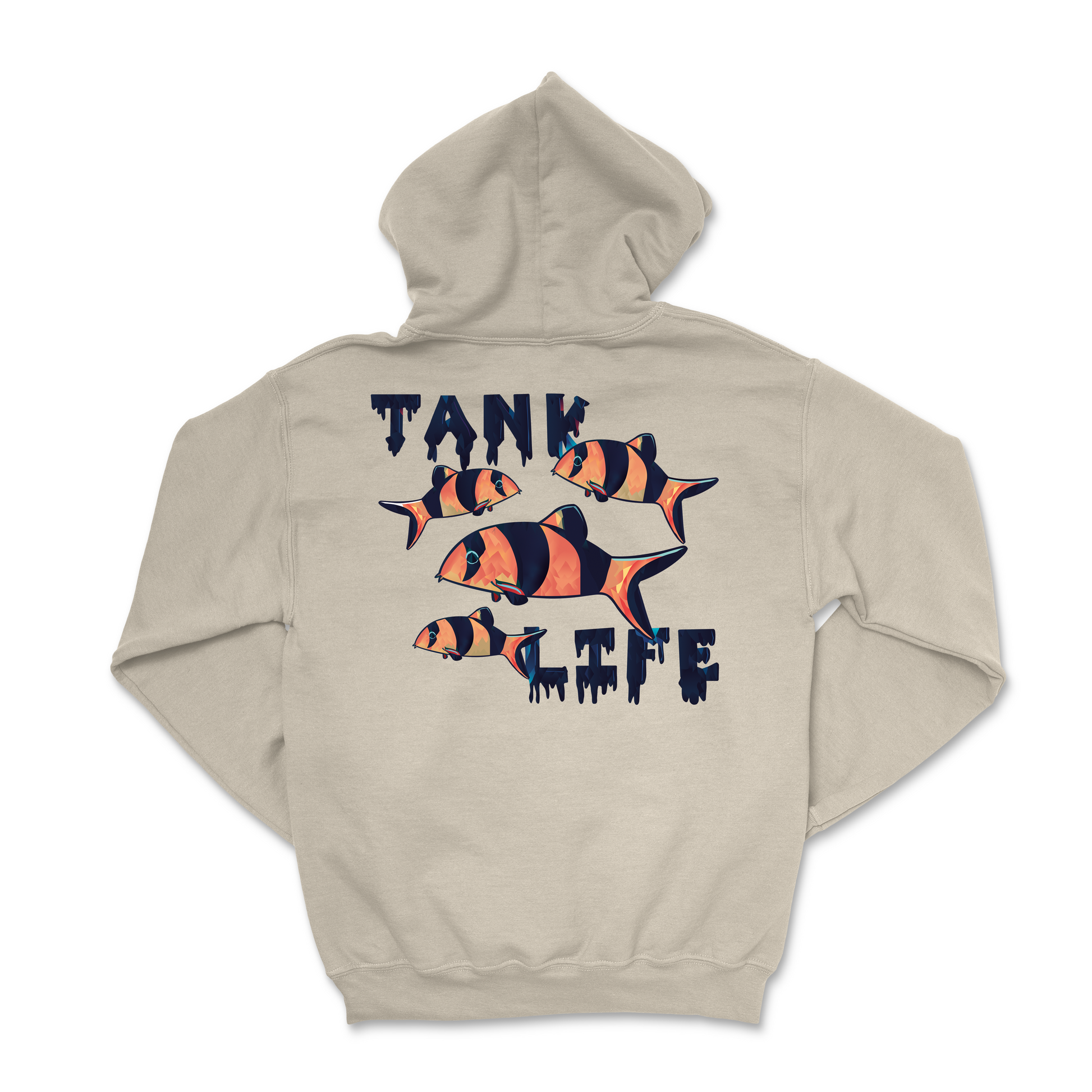 The Tank Life Apparel clown loach design on a super soft and comfortable beige sand hoodie. 