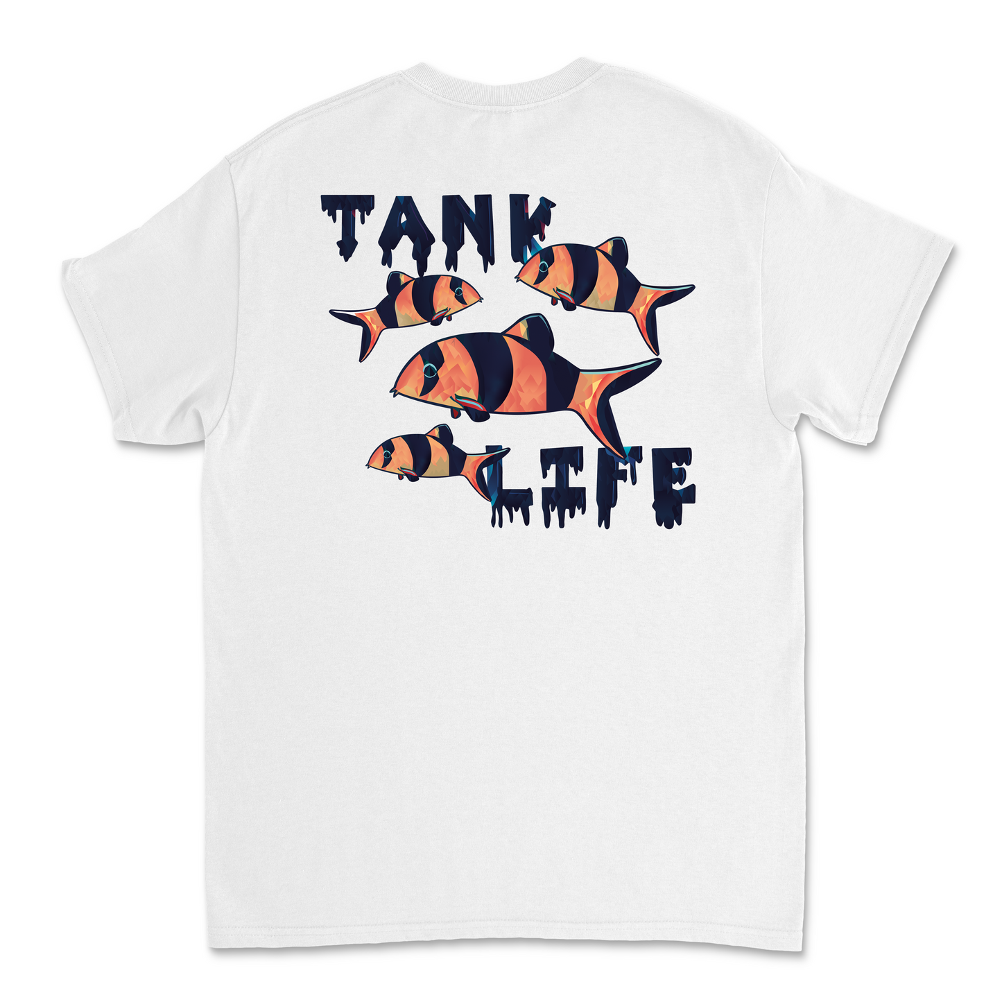 The Tank Life Apparel clown loach design on a classic tee with our custom TLA sleeve label 