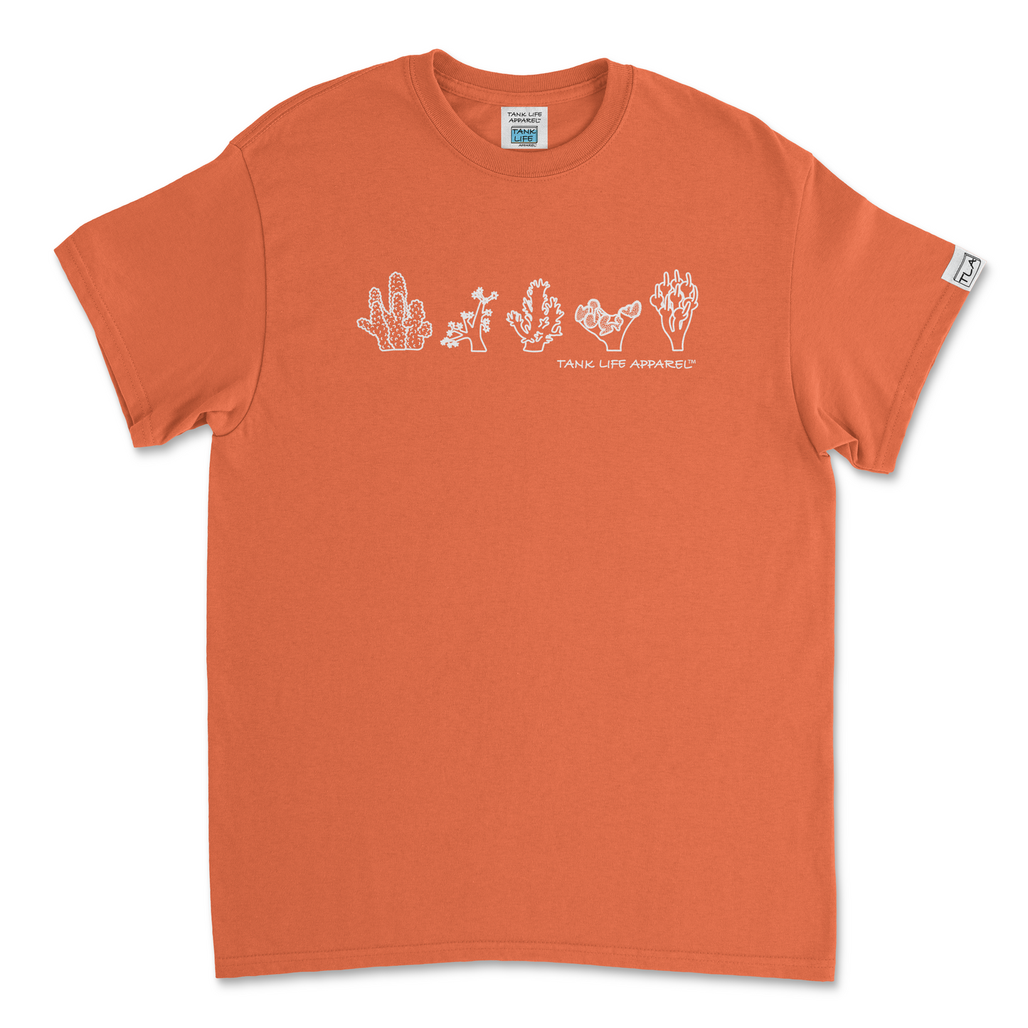 The Tank Life Apparel white corals design on a classic tee with our custom TLA sleeve label. Simple white line coral reef design