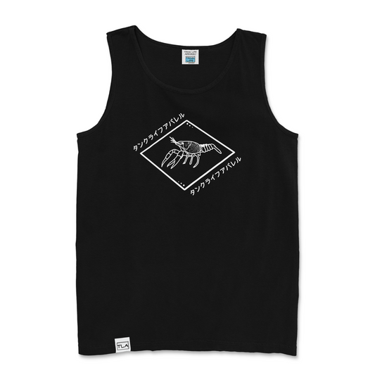 The Tank Life Apparel crayfish design with Japanese letters spelling tank life apparel on  a tank top for men. Crawfish/ crayfish in white lines in a diamond shape with japanese letters. Blue cray fish.