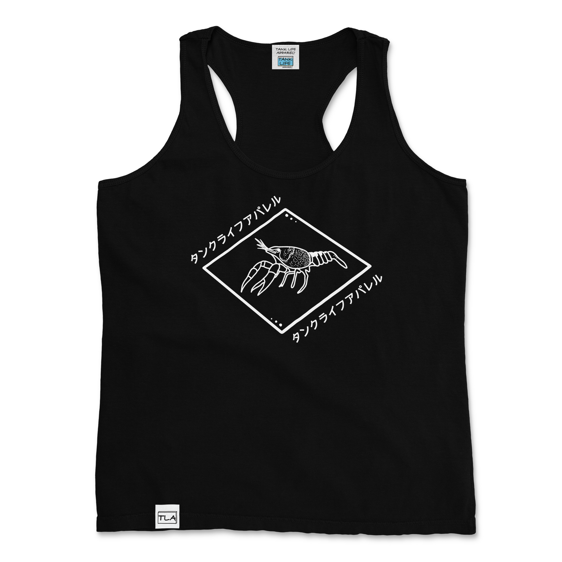 The Tank Life Apparel crayfish design with Japanese letters spelling tank life apparel on a women's tank top. Crawfish/ crayfish in white lines in a diamond shape with japanese letters. Blue cray fish.
