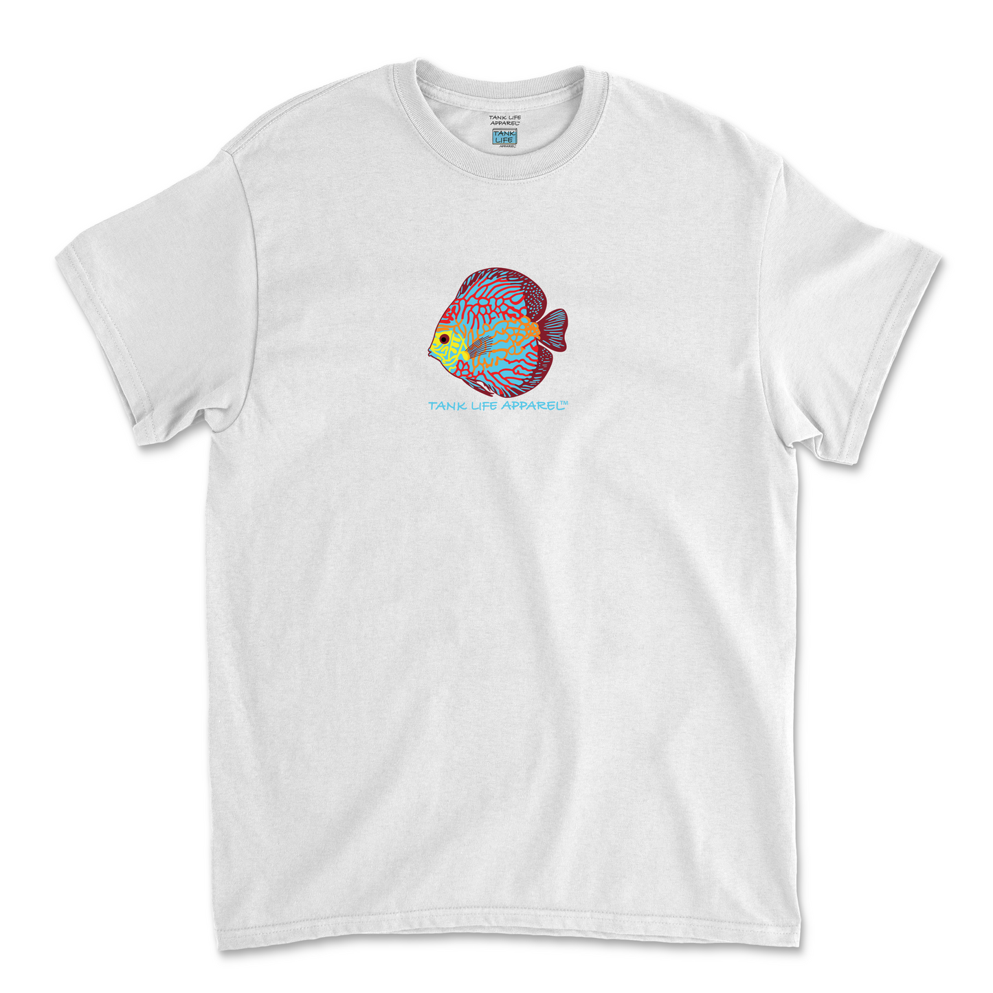 The Tank Life Apparel blue discus fish design on a youth tee. Blue discus fish with orange, yellow, and red lines.