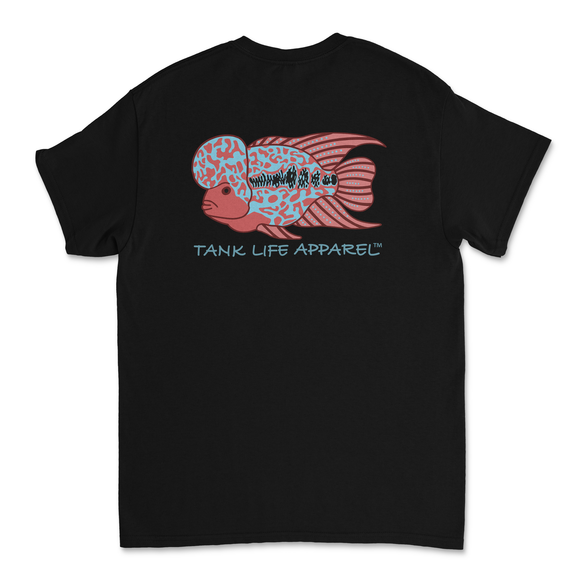 The Tank Life Apparel flowerhorn cichlid design on the back of a classic tee with our custom TLA sleeve label. Blue and red pink fish with big hump on head.