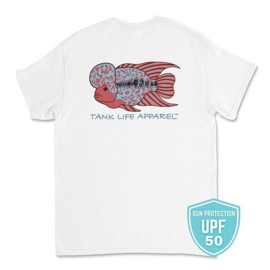 The Tank Life Apparel flowerhorn design on the back of an athletic dri fit performance shirt. Blue and red pink fish with big hump on head.