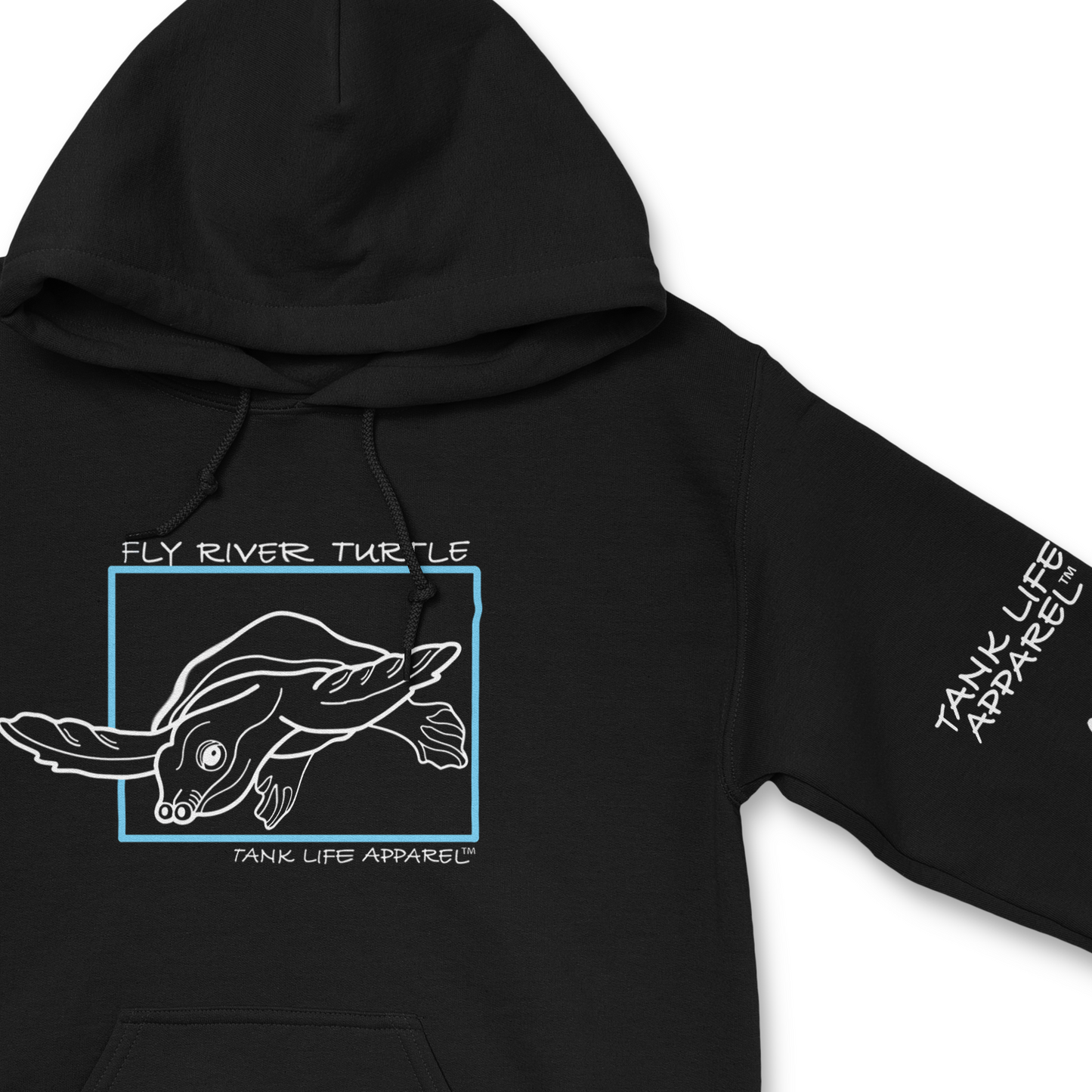 The Tank Life Apparel Fly River Turtle design on a super soft and comfortable hoodie. White aquatic turtle in light blue square.