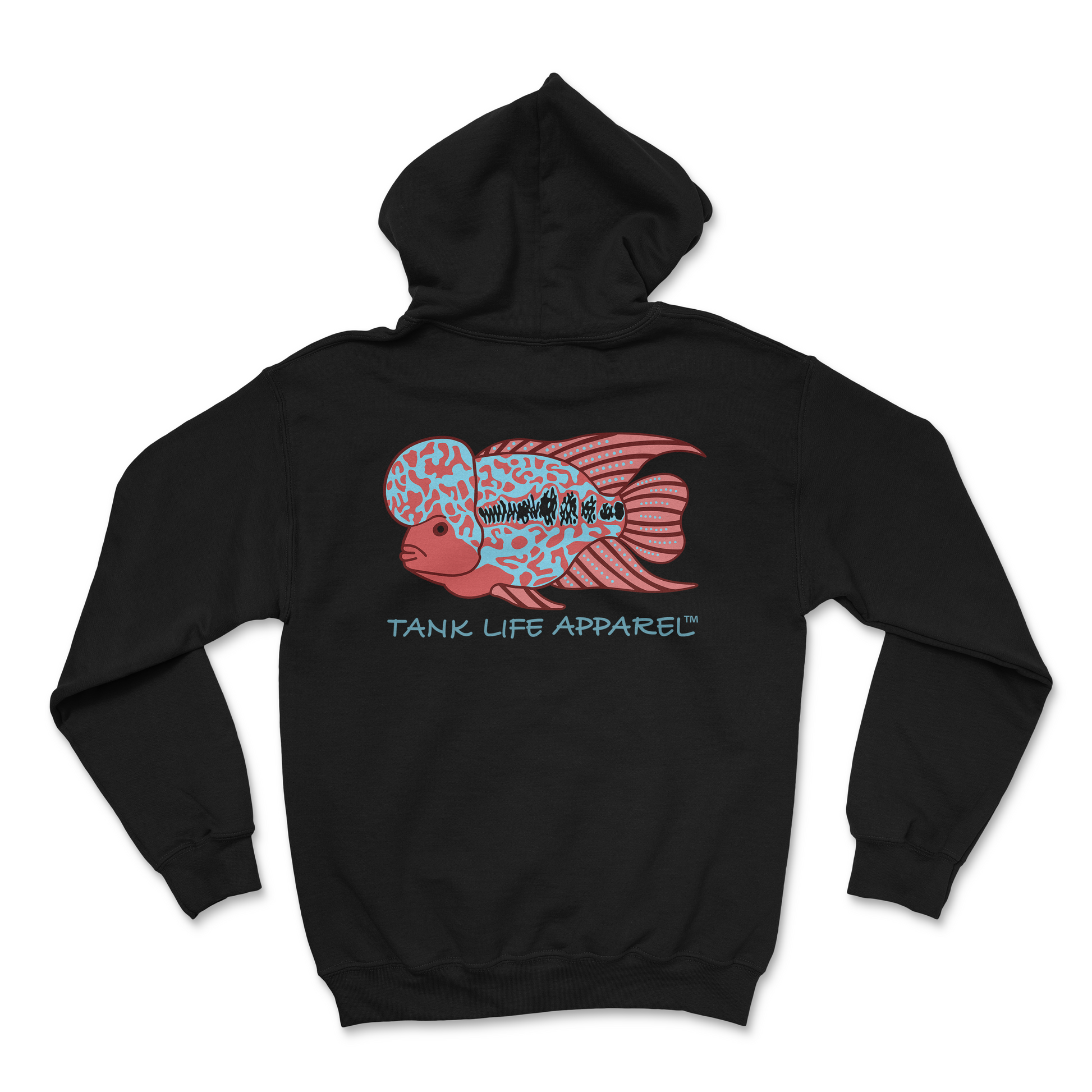 The Tank Life Apparel flowerhorn design on the back of a super soft and comfortable hoodie.  Blue and red pink fish with big hump on head.