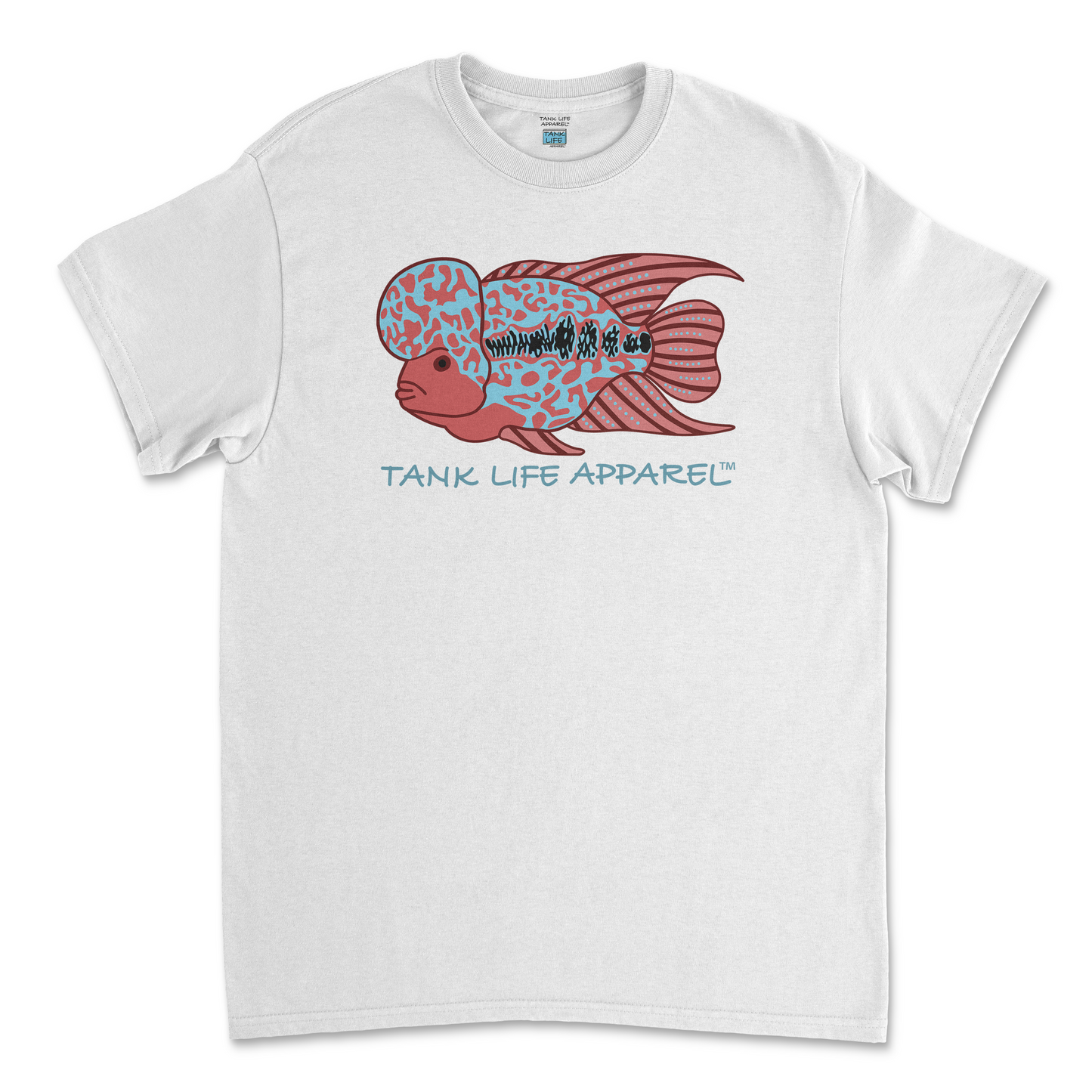 The Tank Life Apparel flowerhorn cichlid design on a youth tee. Blue and red pink fish with big hump on head.