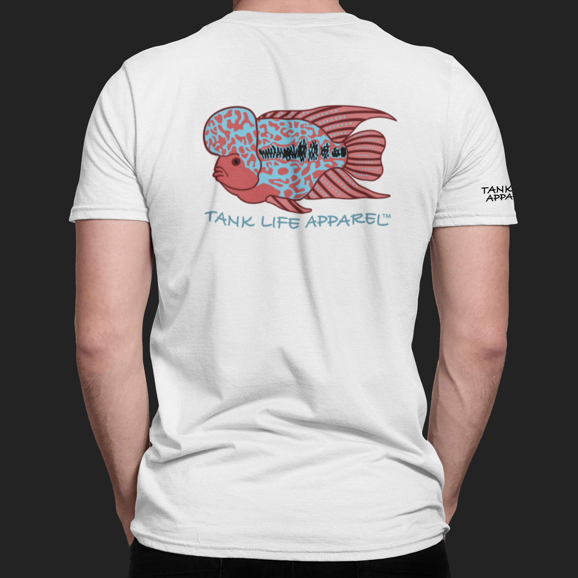 The Tank Life Apparel flowerhorn design on the back of an athletic dri fit performance shirt. Blue and red pink fish with big hump on head.