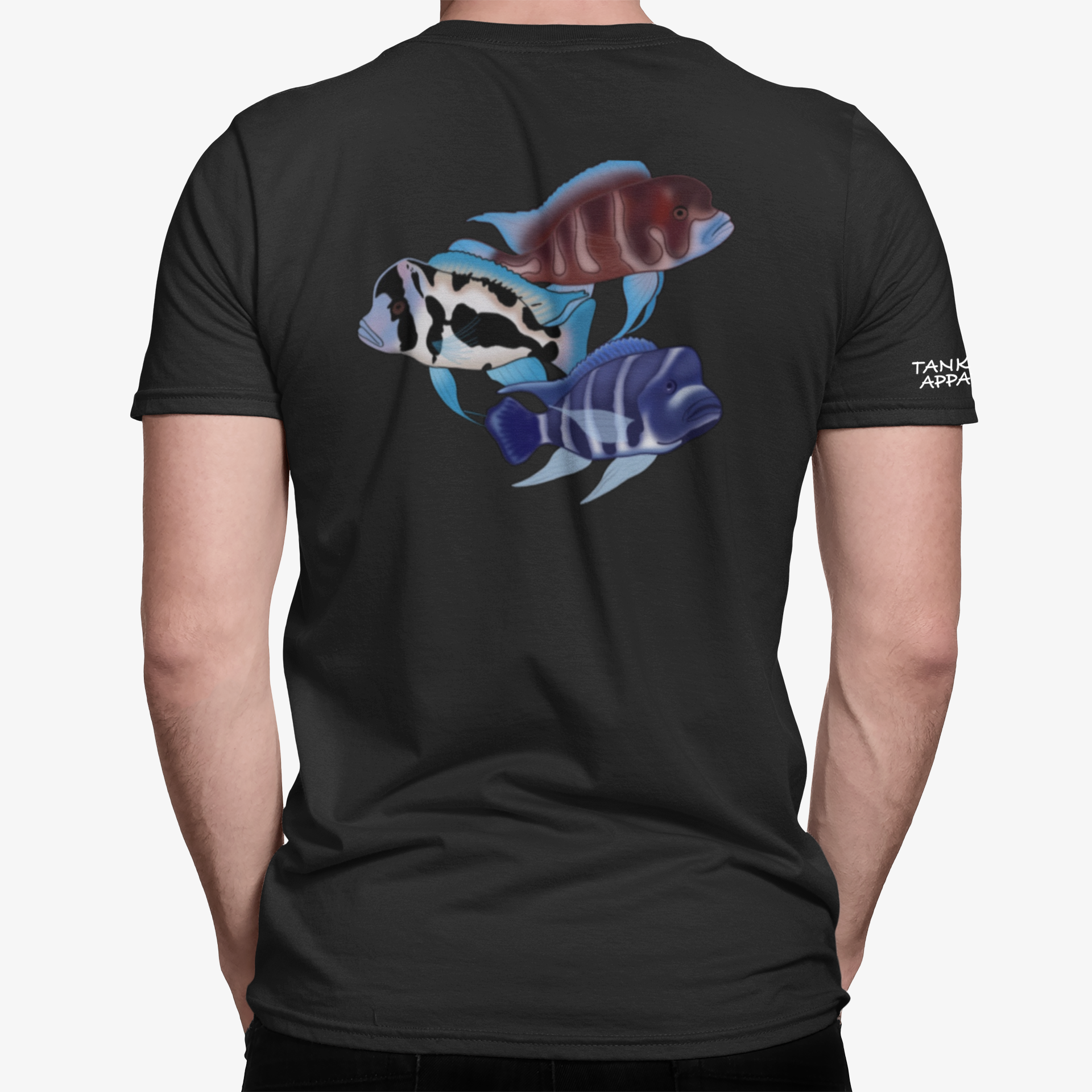 The Tank Life Apparel frontosa cichlid design on an athletic dri fit performance shirt. Three fish Black widow, red frontosa, blue zaire. Blue fish with dark stripes.