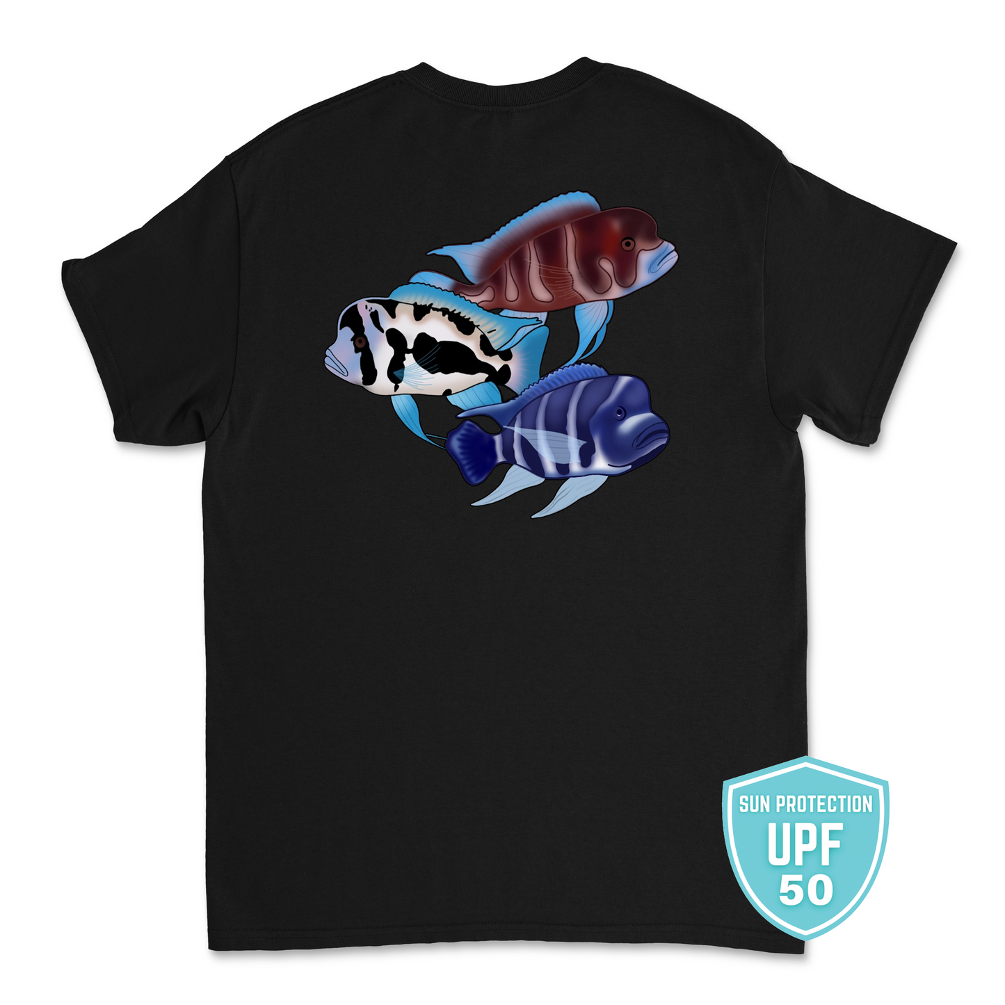 The Tank Life Apparel frontosa cichlid design on an athletic dri fit performance shirt.  Three fish Black widow, red frontosa, blue zaire. Blue fish with dark stripes.