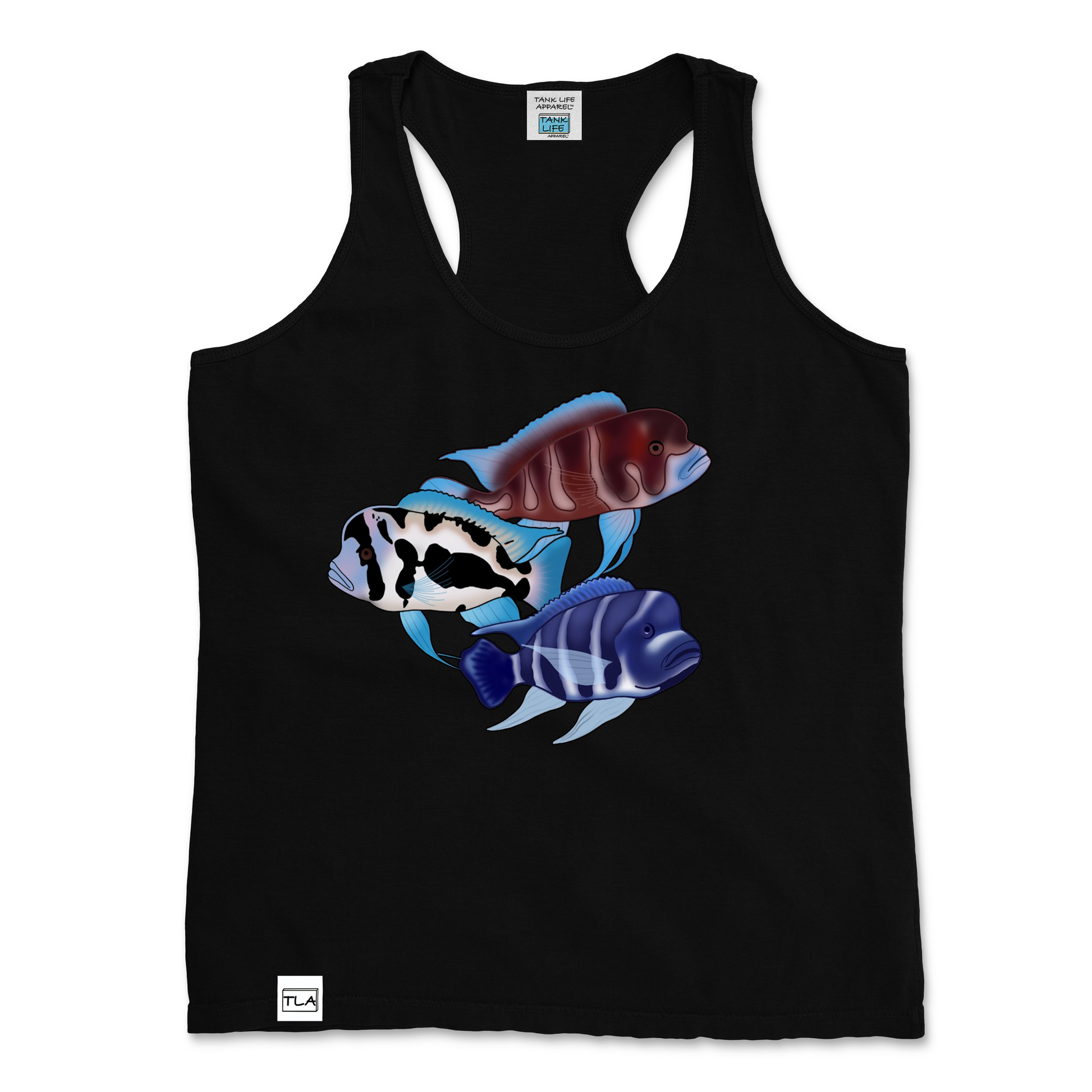 The Tank Life Apparel frontosa cichlid design on a stylish women's tank top with our custom TLA hem label. Three fish Black widow, red frontosa, blue zaire. Blue fish with dark stripes.