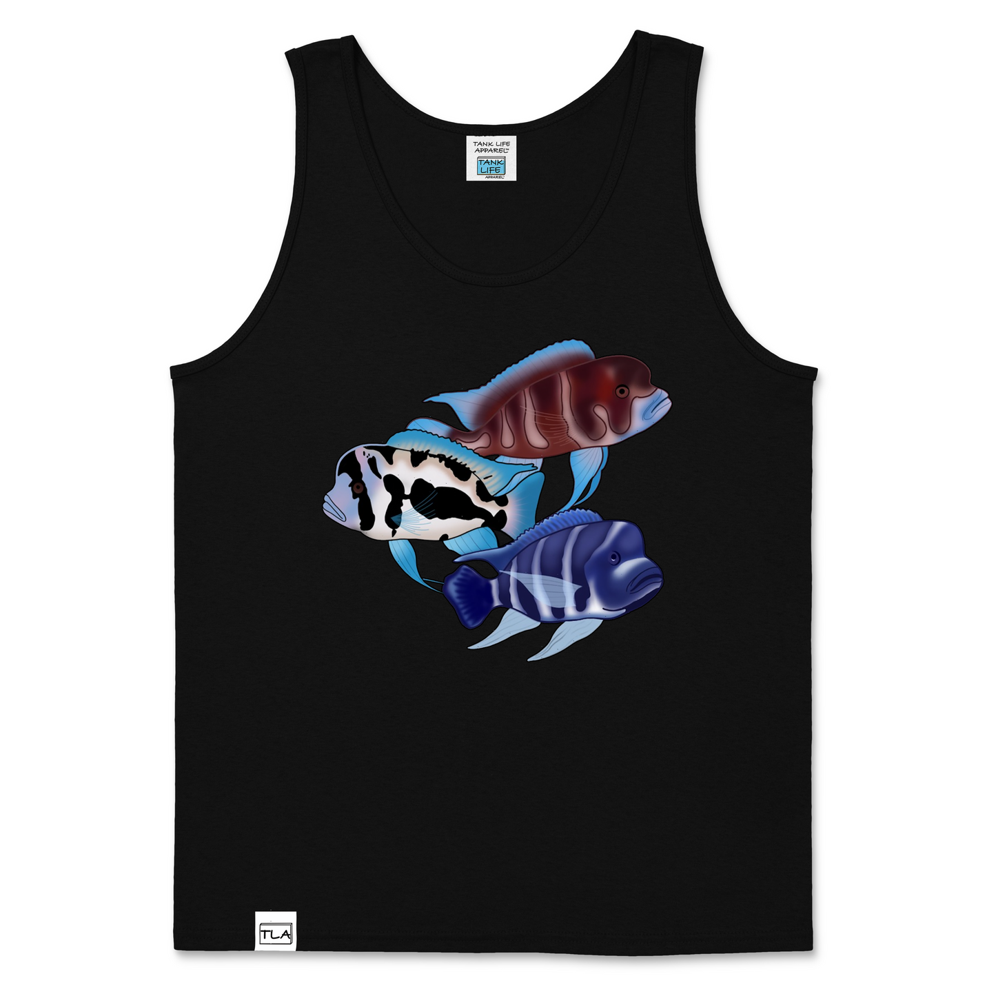 The Tank Life Apparel frontosa cichlid design on a men's tank top with our custom TLA hem label. Three fish Black widow, red frontosa, blue zaire. Blue fish with dark stripes.