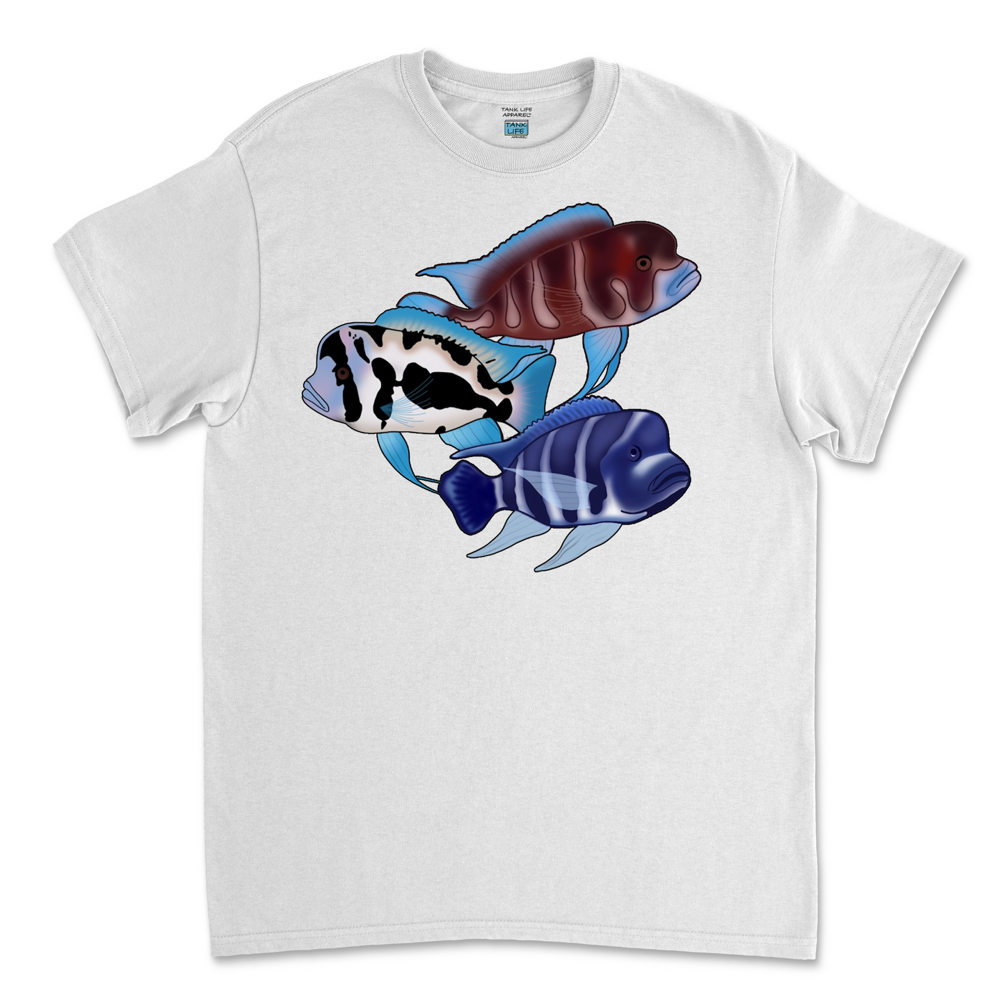 The Tank Life Apparel frontosa cichlid design on a youth tee. Three fish Black widow, red frontosa, blue zaire. Blue fish with dark stripes.