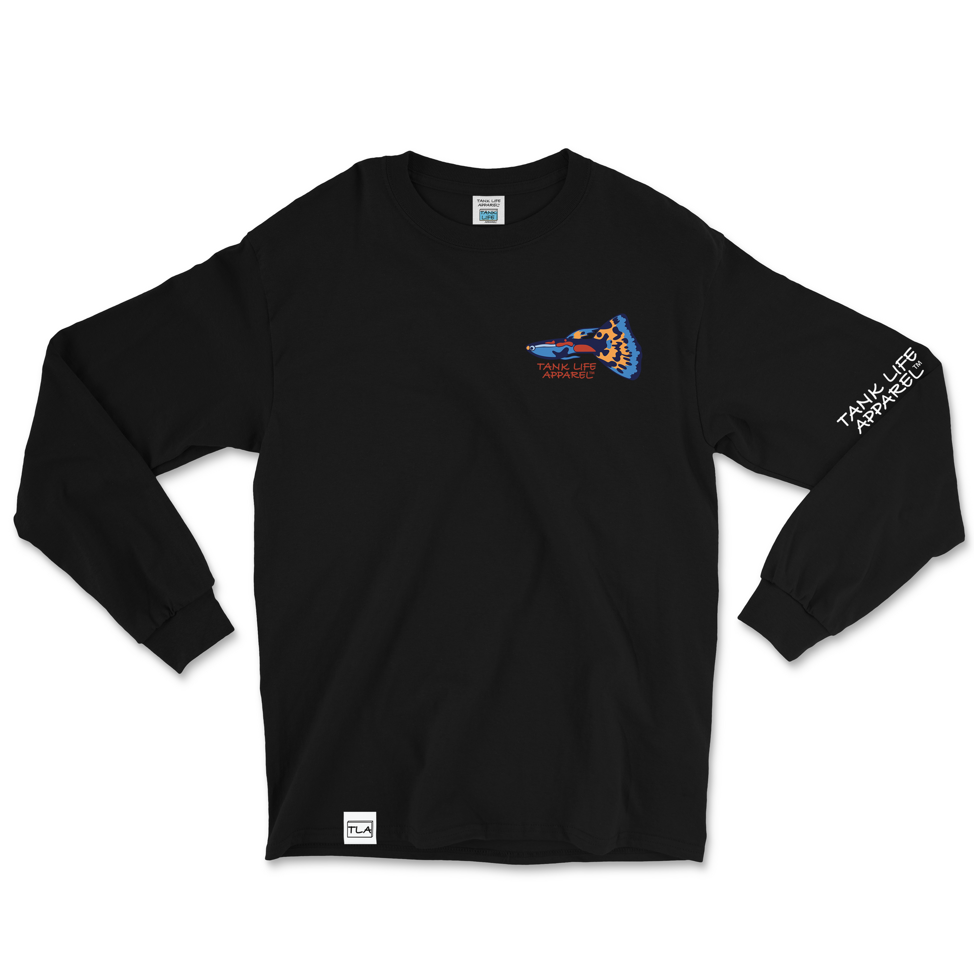 The Tank Life Apparel guppy design on a super comfortable long sleeve shirt. Colorful little fish.