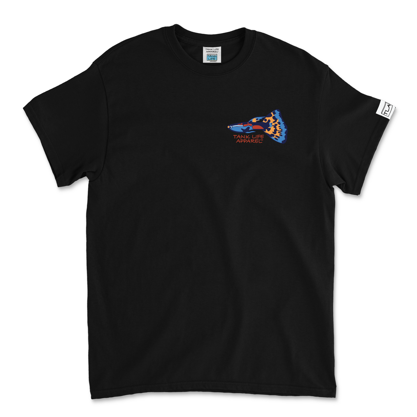 The Tank Life Apparel guppy fish design on a classic tee with our custom TLA sleeve label. Colorful little fish. 