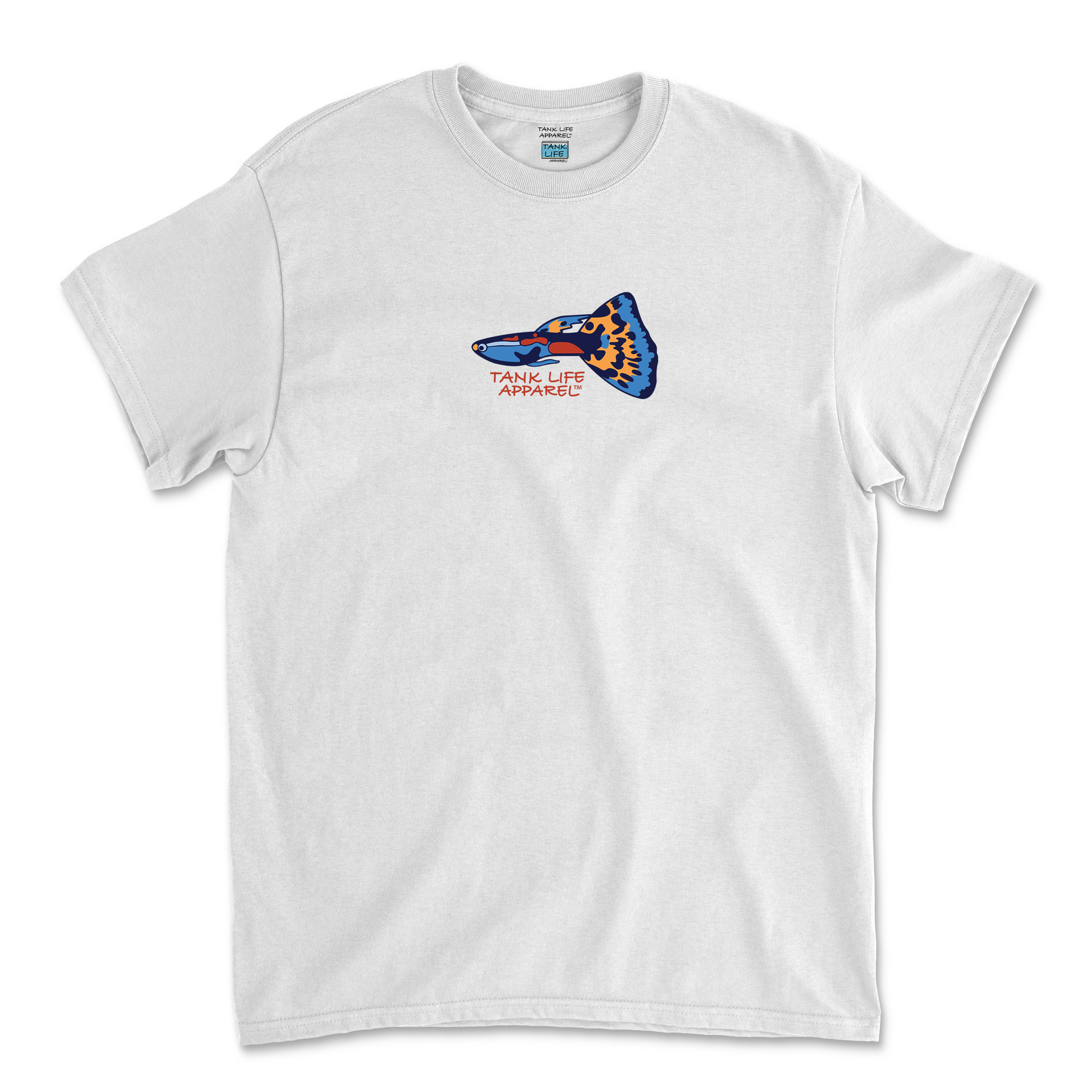 The Tank Life Apparel guppy fish design on a youth tee. Colorful little fish.