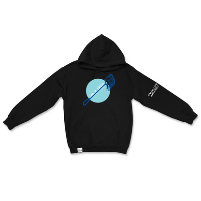 The Tank Life Apparel "I'm a Catch" design on a super soft and comfortable hoodie. Blue fish net on light blue circle.