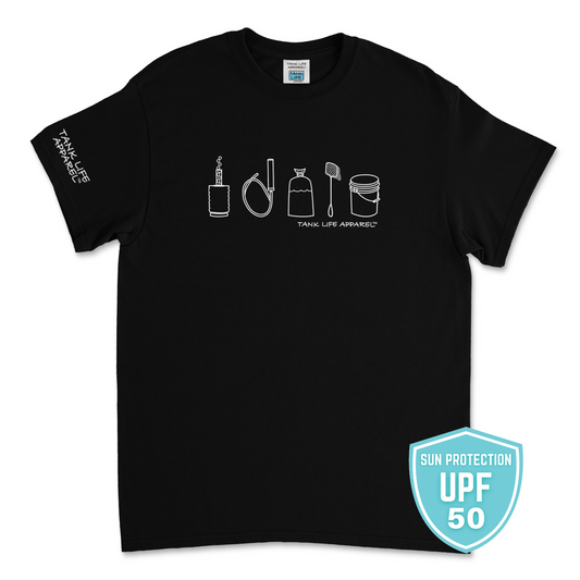 This dri fit athletic shirt design portrays the fishkeeper's lifestyle in a simple white design that depicts a sponge filter, a syphon, a fish bag, a fish net, and a water change bucket. 