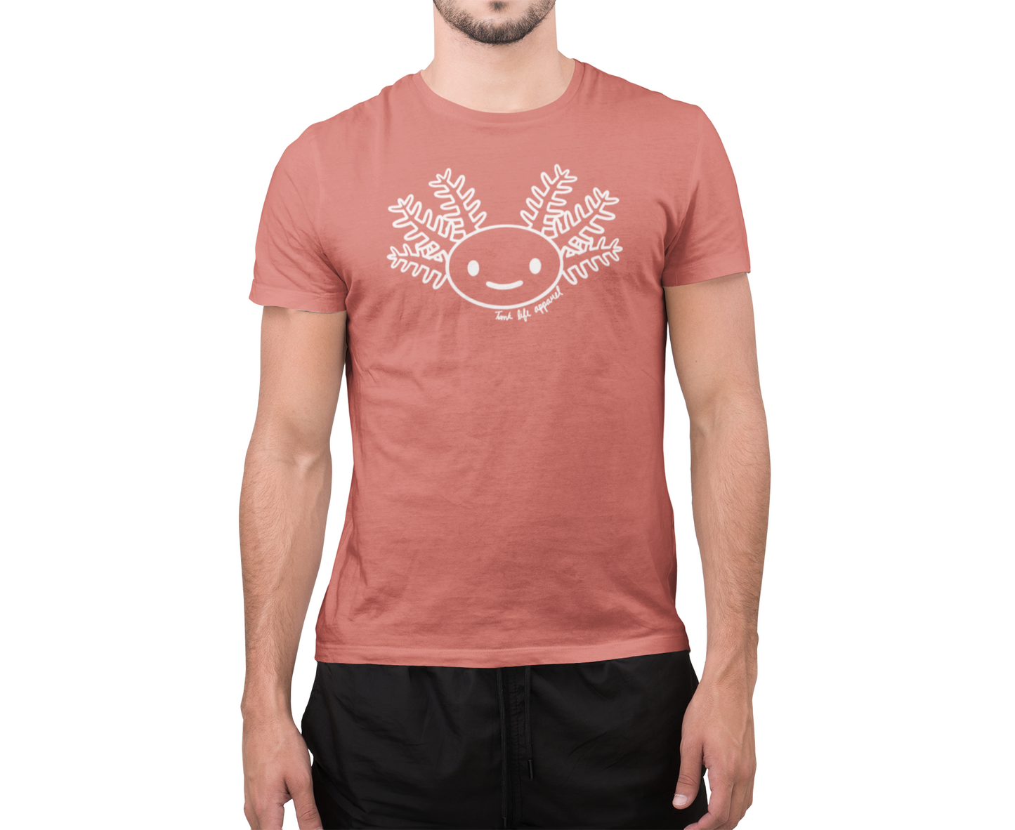 The Tank Life Apparel smiling axolotl design on a classic tee with our custom TLA sleeve label. Adorable axolotl smiling in white lines.