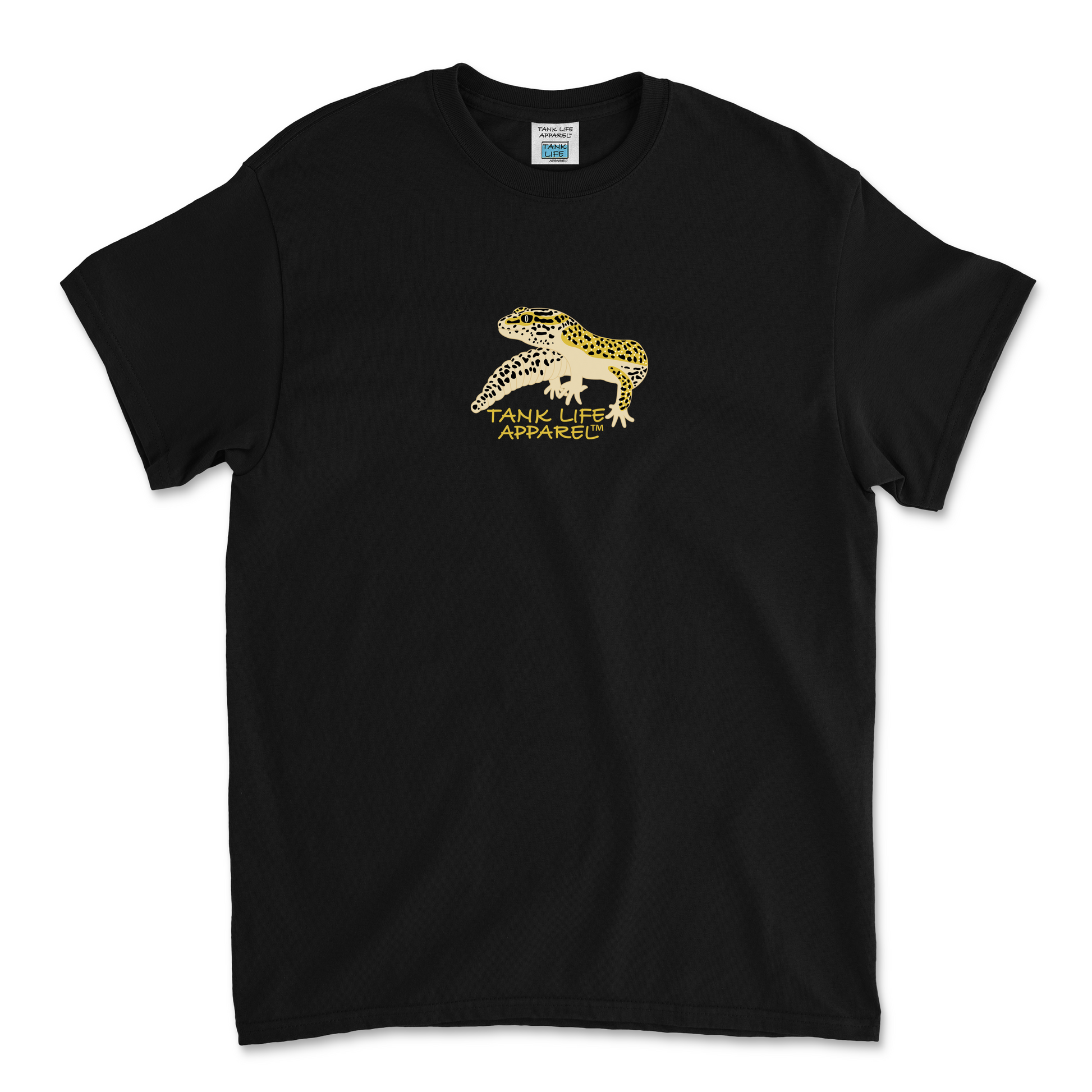 The Tank Life Apparel leopard gecko design on a youth tee in black or white. Pet Yellow lizard gecko leo with black dots.