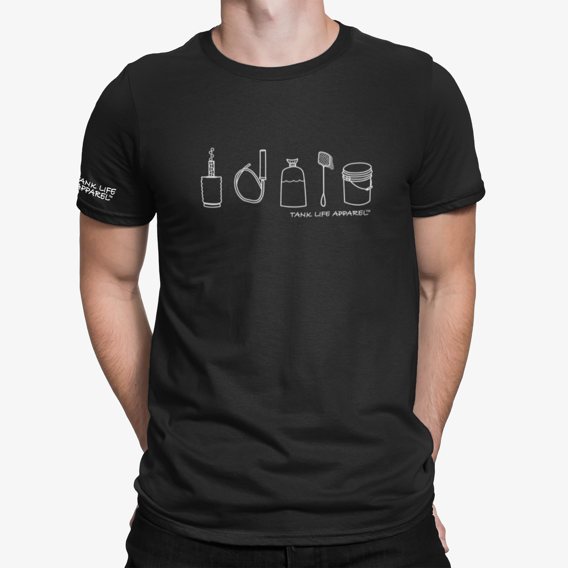 This dri fit athletic shirt design portrays the fishkeeper's lifestyle in a simple white design that depicts a sponge filter, a syphon, a fish bag, a fish net, and a water change bucket.