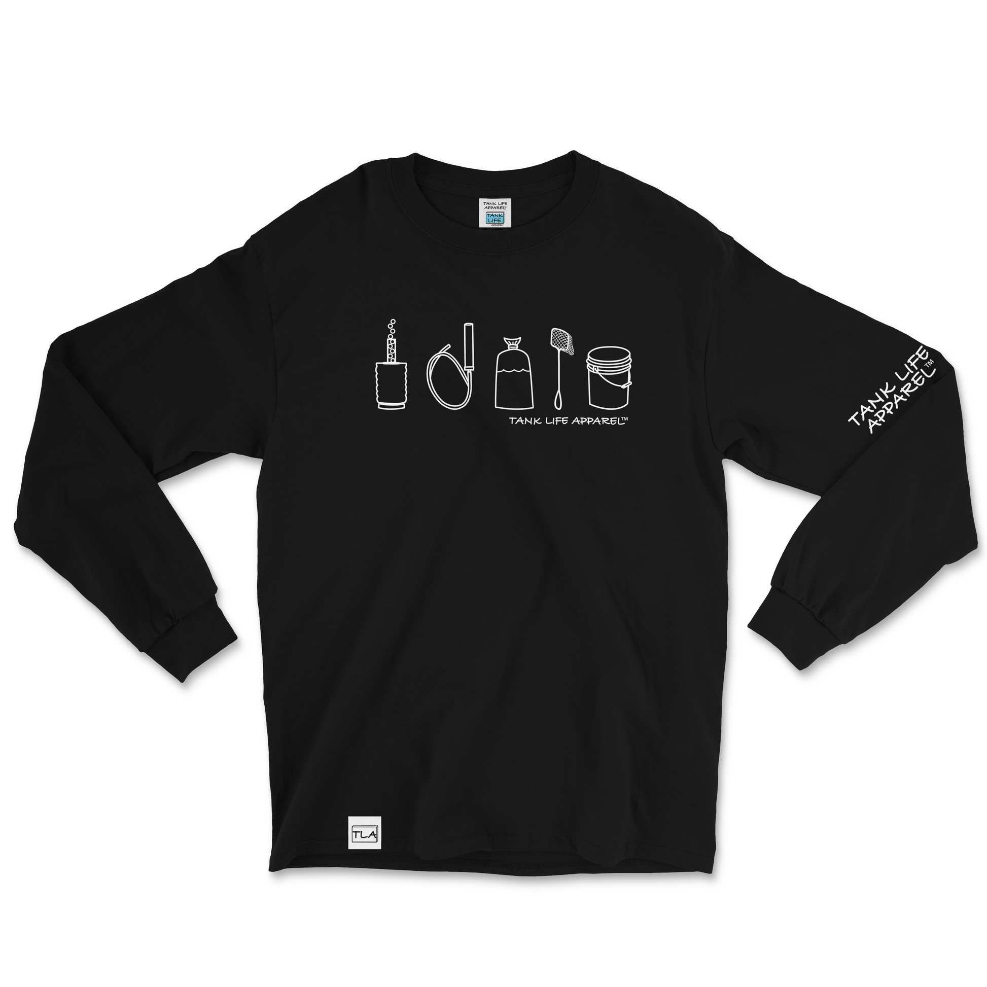 The Tank Life Apparel fish tank aquarium lifestyle on a super comfortable long sleeve shirt. simple white design that depicts a sponge filter, a syphon, a fish bag, a fish net, and a water change bucket.