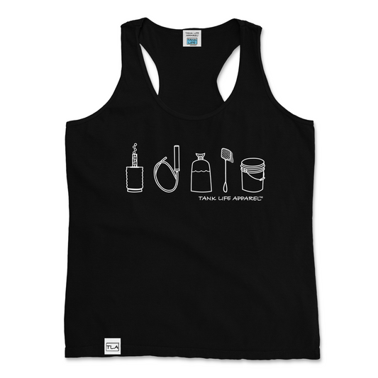 The Tank Life Apparel fish tank aquarium lifestyle design on a stylish women's tank top with our custom TLA hem label. simple white design that depicts a sponge filter, a syphon, a fish bag, a fish net, and a water change bucket.