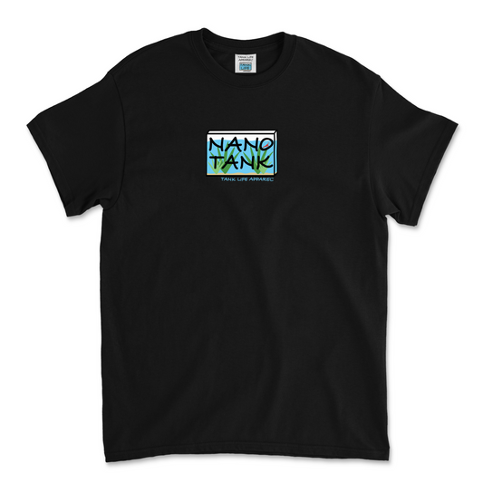 The Tank Life Apparel nano tank design on a youth tee.  Tiny aquarium with small red shrimp in it