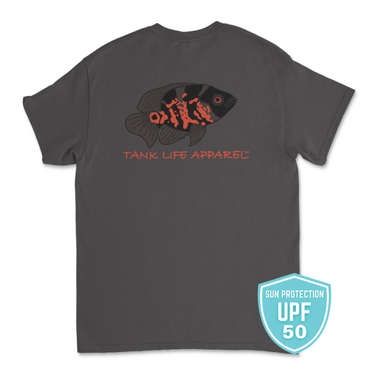 Tiger Oscar Cichlid athletic dri fit performance shirt from tank life apparel in gray. For fish tank aquarium keepers. Fresh water hobbyists. Gift for monster pond fish and rare exotic fish keepers. Predatory fish shirt. Fishing shirt. South American Cichlid. Black and orange fish. Oscar Brazil fish. A. ocellatus.