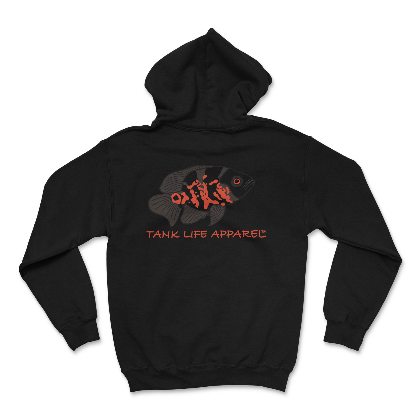 The Tank Life Apparel Tiger Oscar cichlid design on the back of a super soft and comfortable hoodie. Black and gray with orange fish.