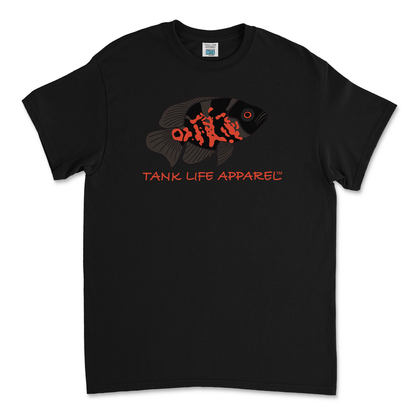 The Tank Life Apparel Tiger Oscar Cichlid design on a youth tee. Black gray and orange fish on kids shirt.