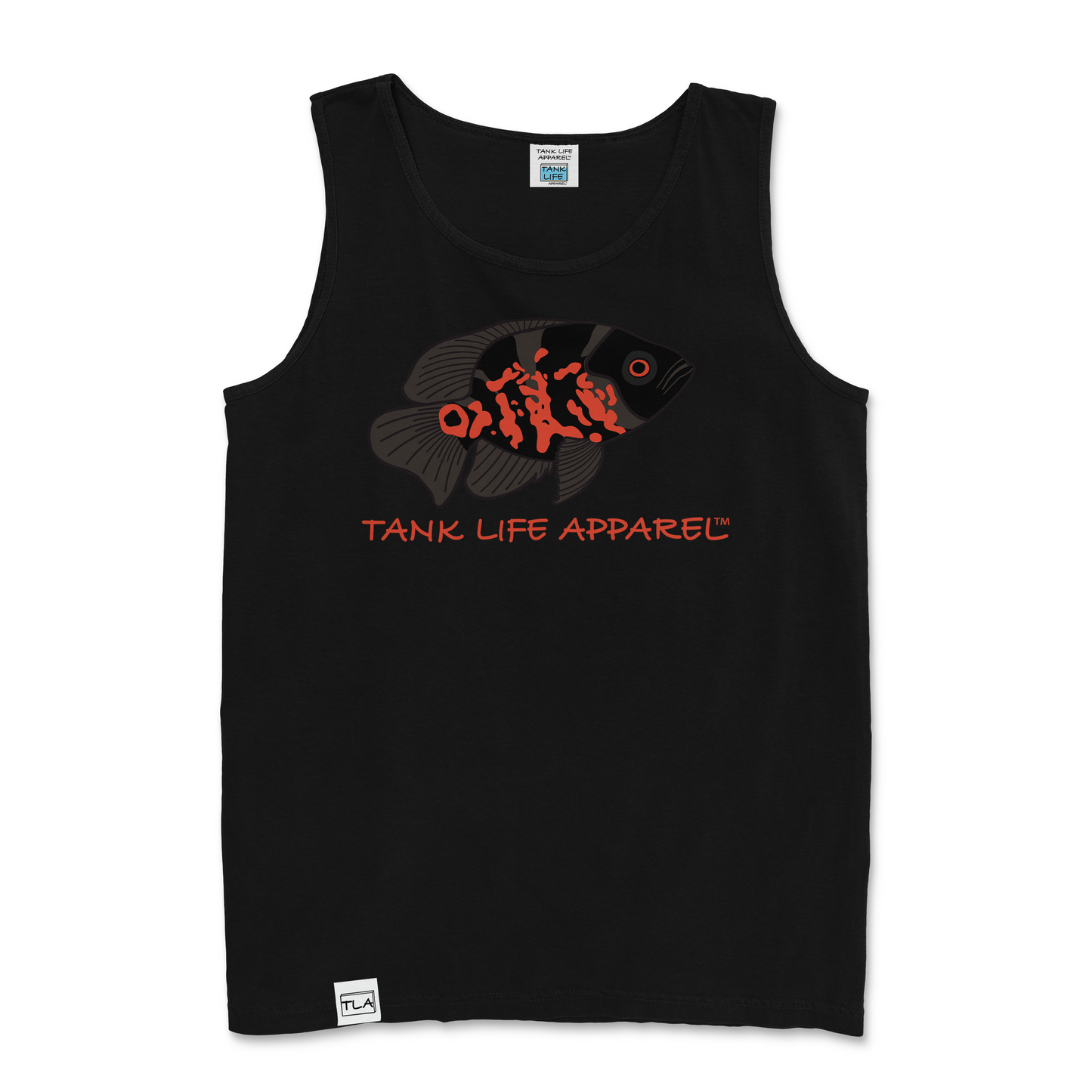 The Tank Life Apparel Tiger Oscar Cichlid design on a men's tank top with our custom TLA hem label. Black, gray, and orange fish.