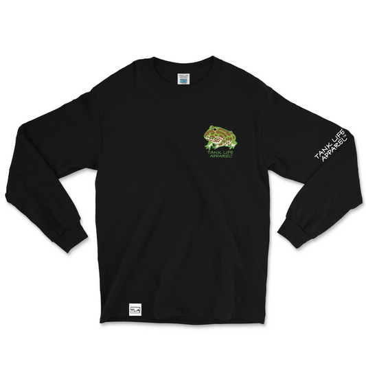 The Tank Life Apparel green pacman frog design on a super comfortable long sleeve shirt. Green frog with brown spots and dots on black shirt.
