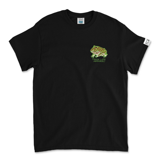 The Tank Life Apparel green pacman frog design on a classic tee with our custom TLA sleeve label. Green frog with brown spots and dots on shirt.