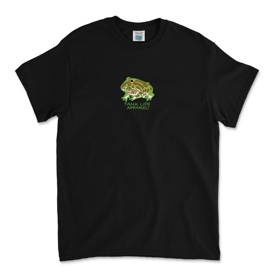 The Tank Life Apparel green pacman frog design on a youth tee. Green frog with brown spots and dots on shirt.