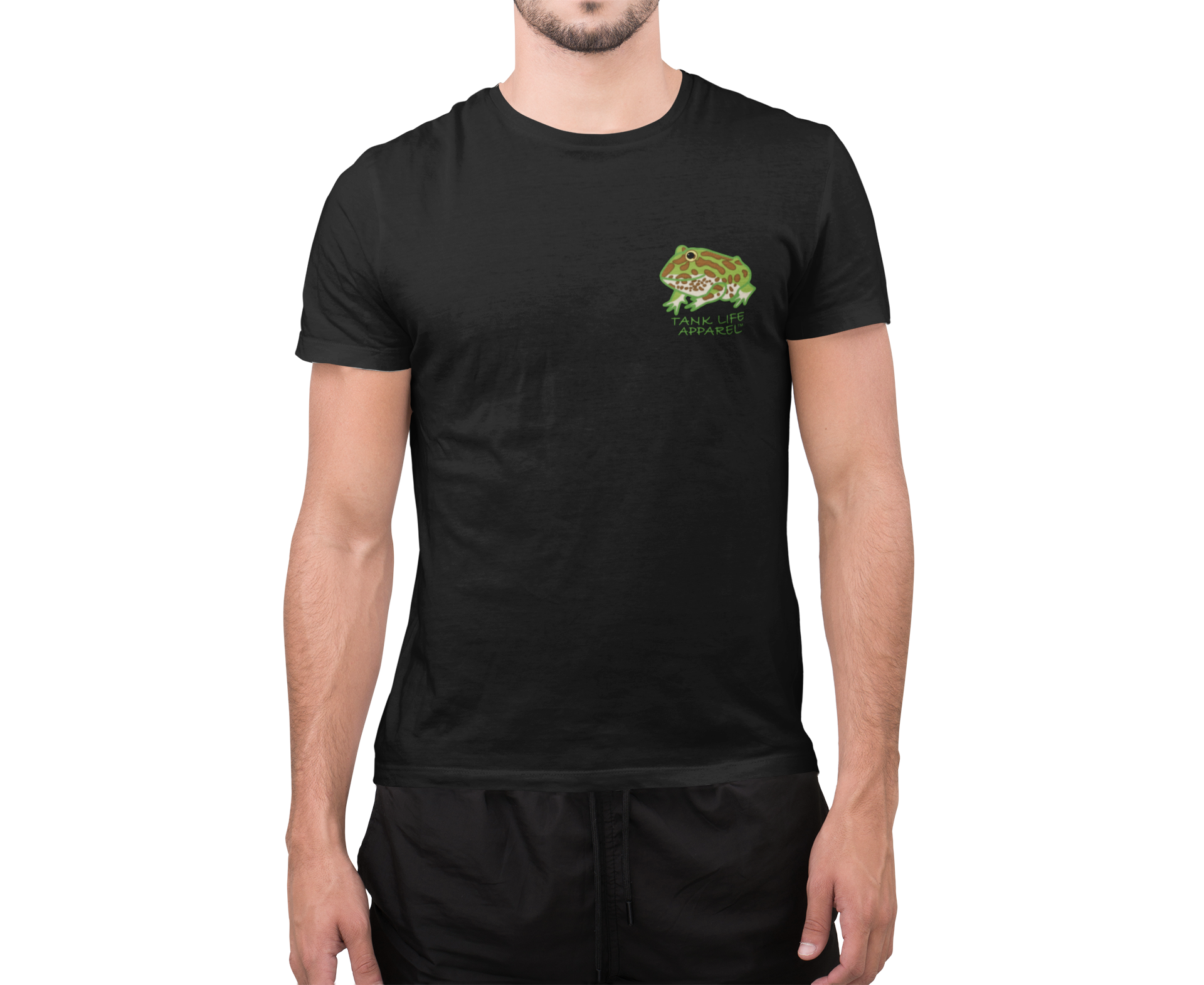 The Tank Life Apparel green pacman frog design on a classic tee with our custom TLA sleeve label. Green frog with brown spots and dots on shirt.