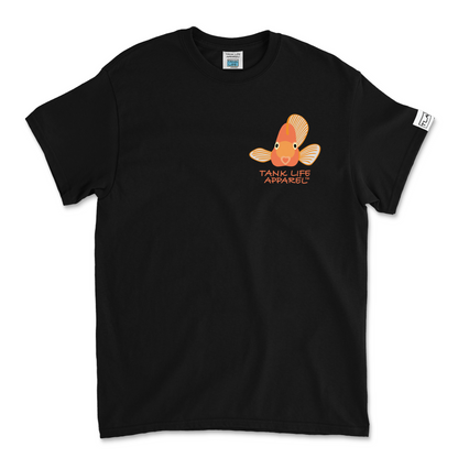 The Tank Life Apparel orange parrot cichlid fish design on a classic tee with our custom TLA sleeve label. Orange adorable fish.