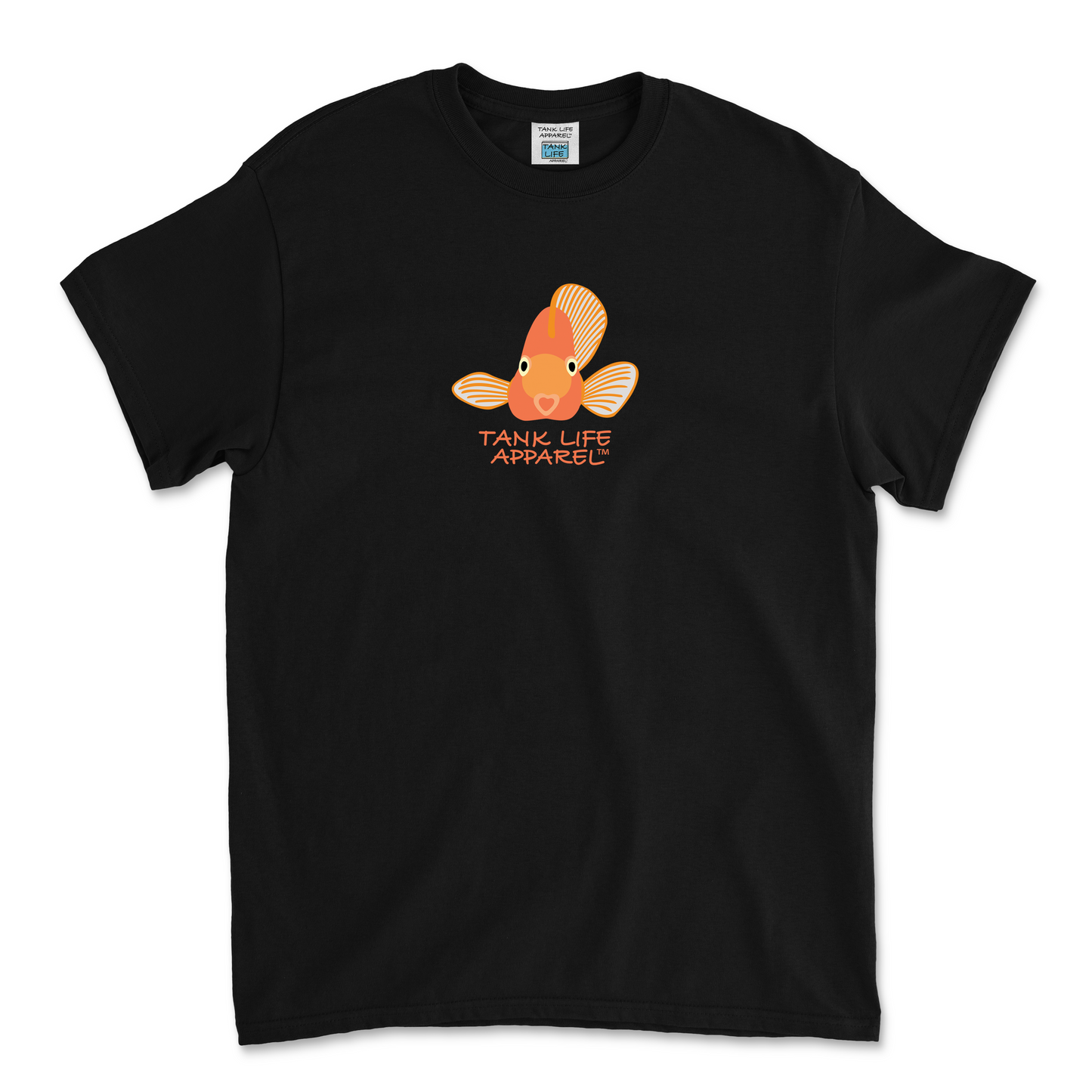 The Tank Life Apparel orange parrot cichlid fish design on a youth tee. Orange adorable fish.