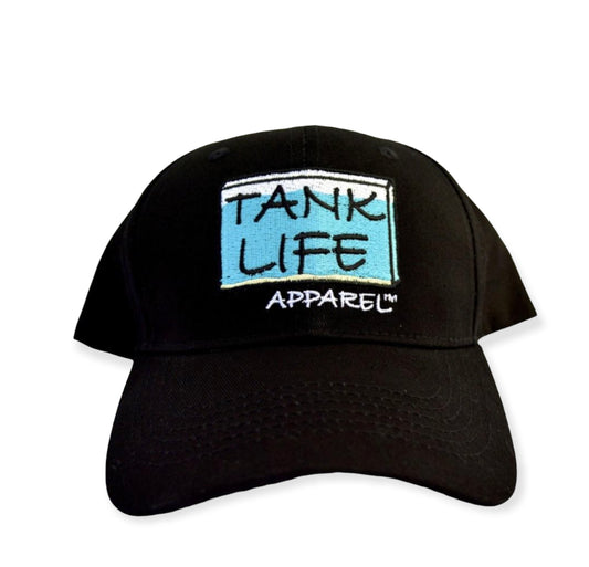 The Tank Life Apparel aquarium logo embroidered patch on an adjustable black hat.  Fish tank hat.