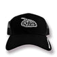 The Tank Life Apparel black diamond freshwater stingray embroidered patch on an adjustable trucker hat. black and white sting ray cap.