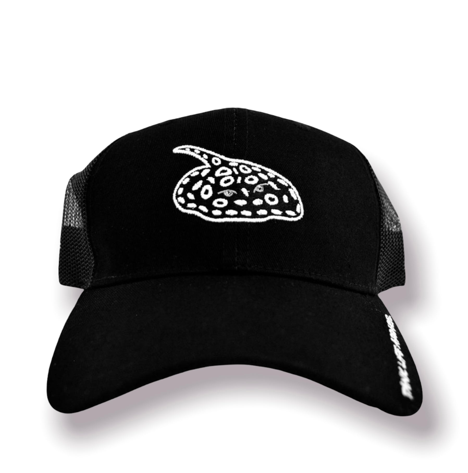 The Tank Life Apparel black diamond freshwater stingray embroidered patch on an adjustable trucker hat. black and white sting ray cap.