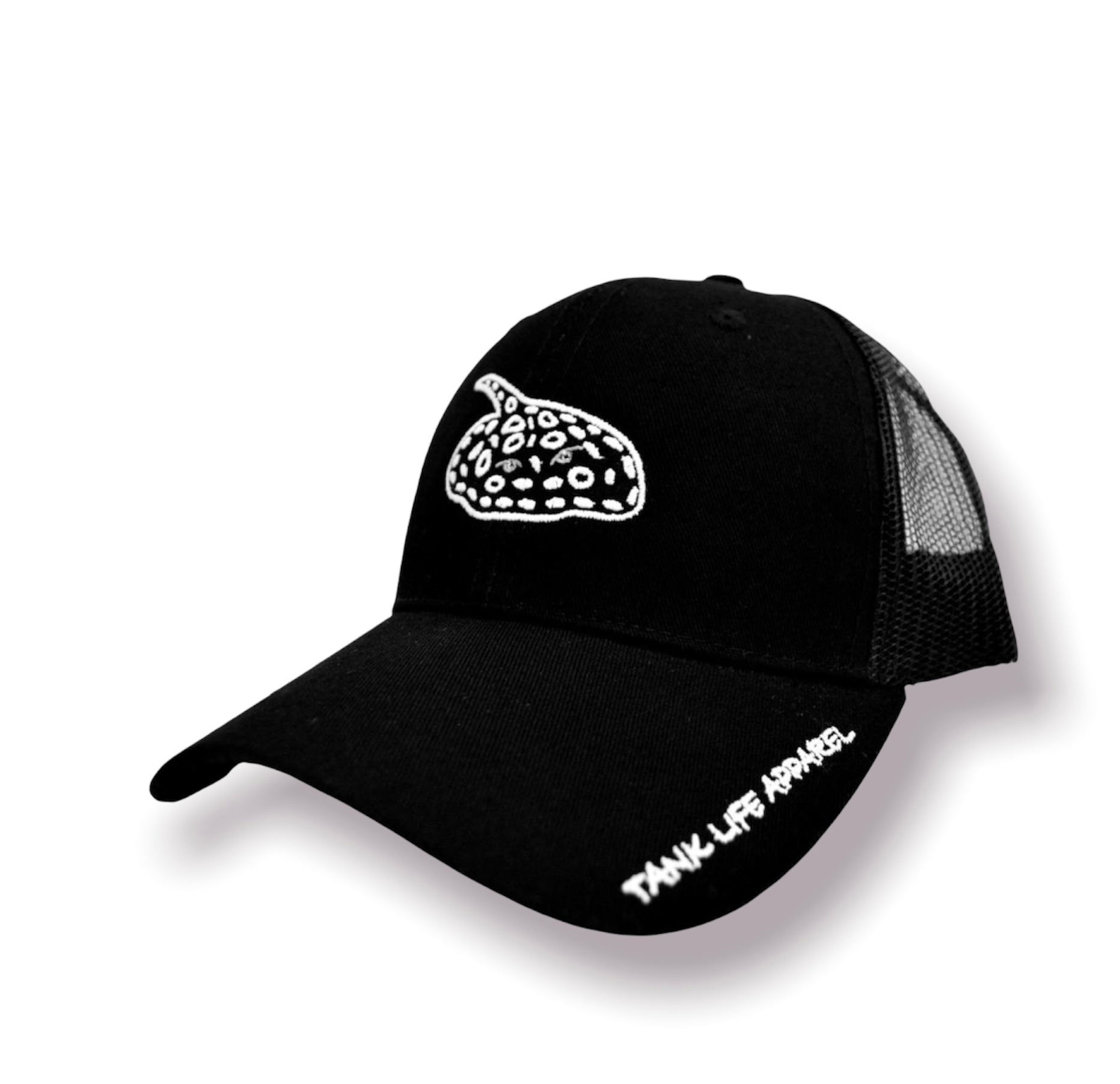 The Tank Life Apparel black diamond freshwater stingray embroidered patch on an adjustable trucker hat. black and white sting ray cap.